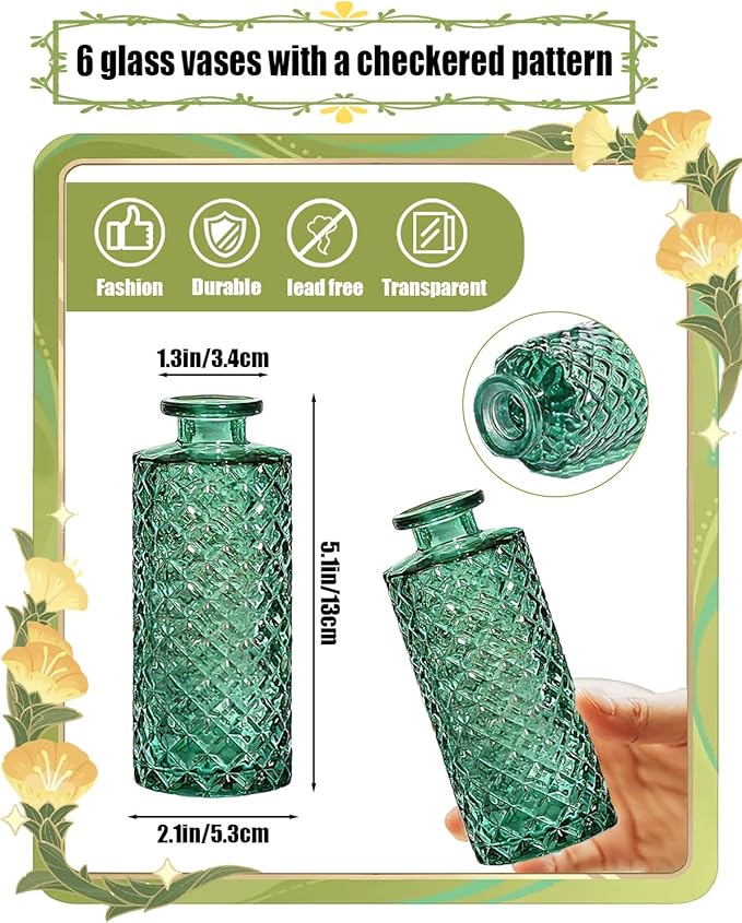 Bud Vases,6 Pcs Glass Vase Small Amber Bud Vases for Centerpieces, Vintage Vase for Centerpieces, Rustic Wedding, Home, Table Decor (Green)