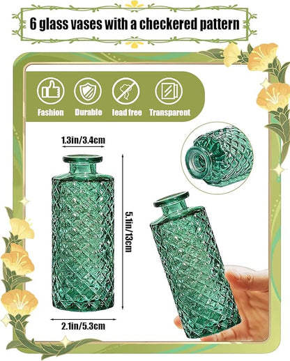 Bud Vases,6 Pcs Glass Vase Small Amber Bud Vases for Centerpieces, Vintage Vase for Centerpieces, Rustic Wedding, Home, Table Decor (Green)