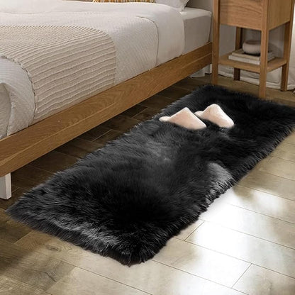 Black Washable Fluffy Area Rugs for Bedroom Shaggy Faux Sheepskin Fuzzy Fur Carpet for Living Room Hallway Nursery Rugs Runner 2x6