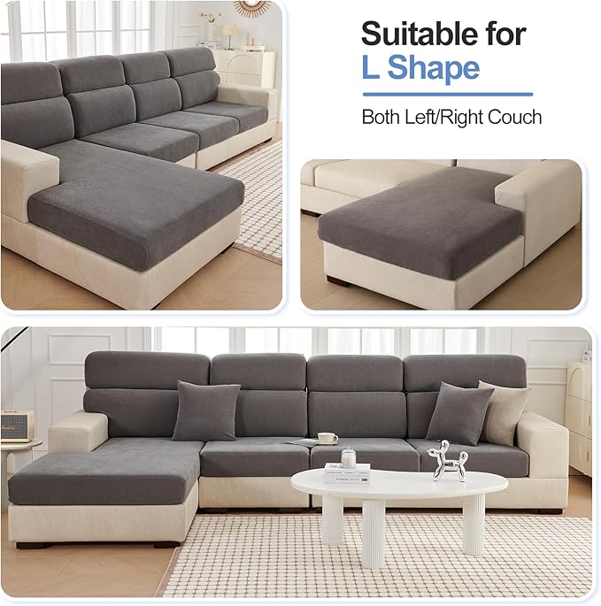Large Chaise Cushion Cover, Non-Fuzzy Chenille Couch Covers with Clean Look for Sectional or L Shaped Sofa Chaise, Fits Left or Right Side, Durable Lounge Seat Protector (1 Piece, Grey)