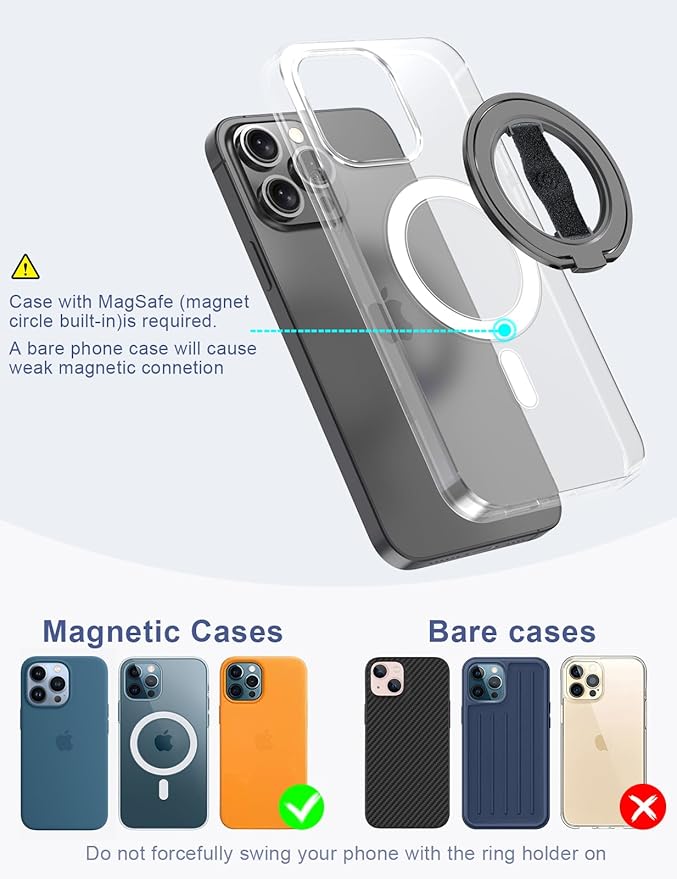 EWA MagOne 3rd Gen [Compatible with MagSafe] Phone Grip Stand with Finger Strap, Removable Magnetic Ring Holder Kickstand Loop for iPhone 17,16,15,14,13,12 Series (Black)