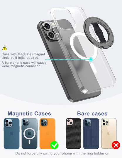 EWA MagOne 3rd Gen [Compatible with MagSafe] Phone Grip Stand with Finger Strap, Removable Magnetic Ring Holder Kickstand Loop for iPhone 17,16,15,14,13,12 Series (Black)