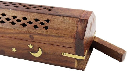 Sheesham Wood Incense Burner Holder - Set of 2 Coffin Style Sun Moon Inlay Handmade Aromatherapy Room Freshener Fragrance Cone Incense Stick Burner Ash Catcher - Zen Home Gift - 12x2x2 - COTTON CRAFT