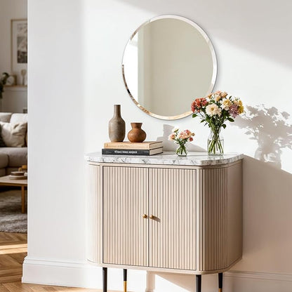 Frameless Round Wall Mirror: Decorative Mirrored Glass Vanity with Beveled Silver Edge for Bathroom Bedroom Livingroom Dining Room Entryway Hallway, 16 x 16 inch