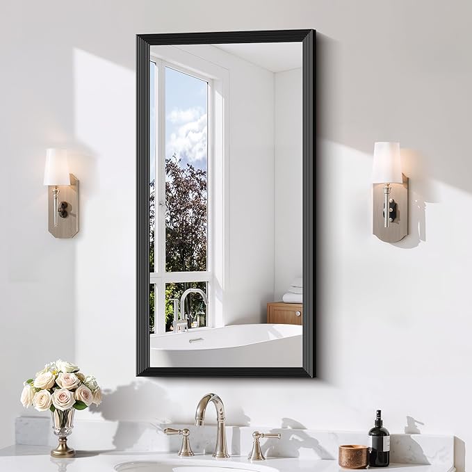 Black Bathroom Mirror 20 x 40 Inch Rectangle Wave Beveled Frame for Wall Bathroom Vanity Mirror for Over Sink, Tempered Glass,for Entryway Hangs, Bathroom Living Room Horizontal or Vertical