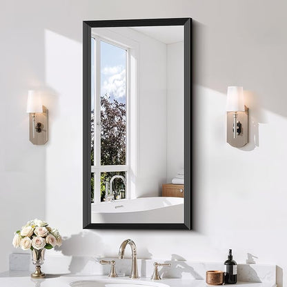 Black Bathroom Mirror 20 x 40 Inch Rectangle Wave Beveled Frame for Wall Bathroom Vanity Mirror for Over Sink, Tempered Glass,for Entryway Hangs, Bathroom Living Room Horizontal or Vertical