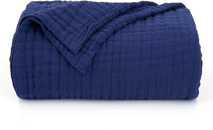 Love's cabin 6 Layer 100% Cotton Muslin Blanket, 90"x90" Muslin Blanket Queen for Couch Bed, Lightweight and Breathable Cotton Gauze for Adult, Navy Blue