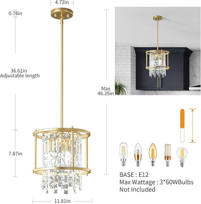 LMQNINE Modern Foyer Chandelier, Gold Crystal Chandelier Entryway Pendant Light Fixture, Round Adjustable Height Chandeliers for Kitchen Island, L11.81'' x H7.87''