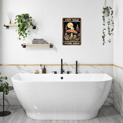 Funny Frog Mushroom Metal Sign, STAY WILD MOON CHILD Cottagecore Goblincore Wall Art, Vintage Tin Plaque for Bathroom Kitchen Bedroom, Whimsical Forest Decor, Mushroom Gifts - 8x12 Inches