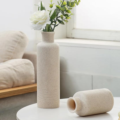 Flower Vase Set, Stone Look, 3 PCS Small Decorative Bud Vases for Pampas Grass, Farmhouse Decor, Kitchen, Living Room, Bathroom, Bedroom, Office, Shelf Centerpiece Table Decoration (Beige)