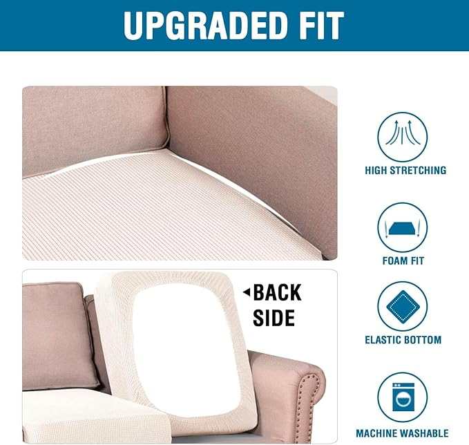 H.VERSAILTEX Multi-Pieces Sofa Covers for Three Cushion Couch Sofa High Stretch Seat Cover Jacquard Textured Twill Fabric(3 Seat Cover Plus 3 Back Cushion Covers, Ivory)