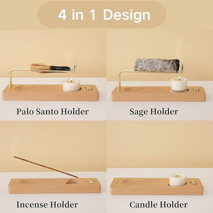 4 in 1 Incense Holder for Burning Palo Santo & Sage Sticks & Insence-Stick and Candle, Lasting Burning Wooden Palo Santo and Sage Burner Smudge Bowl for Yoga Meditation Spiritual Altar
