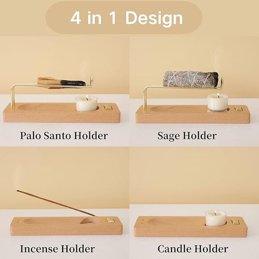 4 in 1 Incense Holder for Burning Palo Santo & Sage Sticks & Insence-Stick and Candle, Lasting Burning Wooden Palo Santo and Sage Burner Smudge Bowl for Yoga Meditation Spiritual Altar