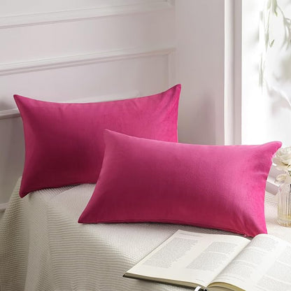 Phantoscope Pack of 2 Velvet Decorative Throw Decorative Pillow Cover Soft Solid Square Cushion Case for Couch Pink 12 x 20 inches 30 x 50 cm