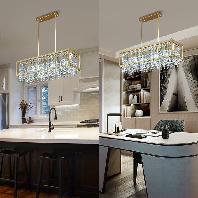LMQNINE Modern Rectangle Chandelier for Dining Room, Gold Crystal Chandelier Linear Light Fixture, Farmhouse Chandeliers for Kitchen Island, Bar Table, L35.43'' x W11.81'' x H9.84''