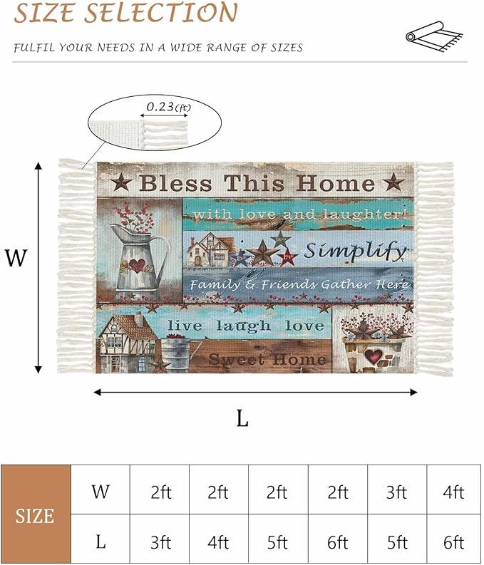 Turquoise Blue Brown Large Runner Rug 4X6 Ft Living Room Area Rug, Washable Woven Vintage Barn Rustic Cabin Throw Carpet With Tassel, Non-Shedding Country Star Farm Wooden Plank Bedroom Office Carpets