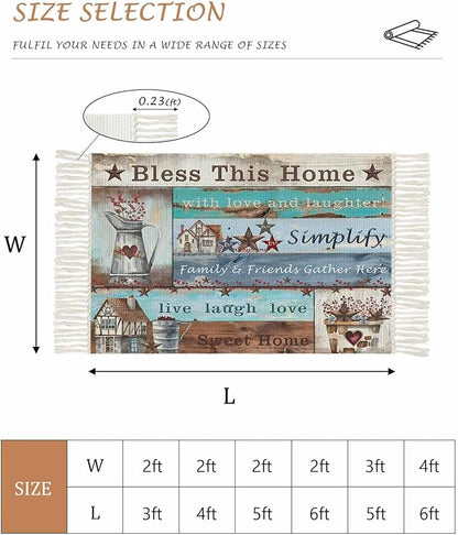 Turquoise Blue Brown Runner Rug 2X4 Ft Entryway Outdoor Indoor Mat, Washable Woven Vintage Barn Rustic Cabin Throw Carpet with Tassel, Non-Shedding Country Star Farm Wooden Plank Hallway Bath Mats