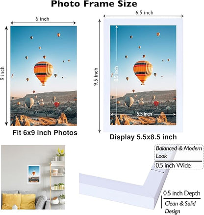 6x9 Picture Frame Set of 2 White for Wall Hanging or Tabletop- Wall Mounting Horizontally or Vertically, 6 x 9 Wall Gallery Poster Photo Frames for 6 by 9 Photo,2 Pack, White
