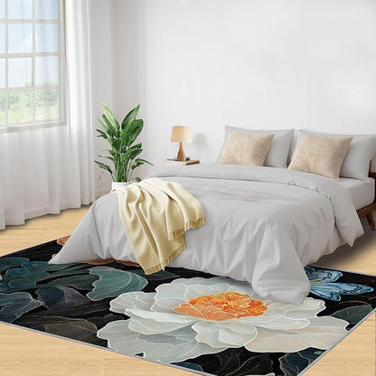 Flowers 3x4 Area Rugs for Living Room Classic Petals Washable Rug Orange-Yellow Flowers Rug Non Slip Low Pile Soft Area Rugs for Bedroom Bedside Dining Room Kids