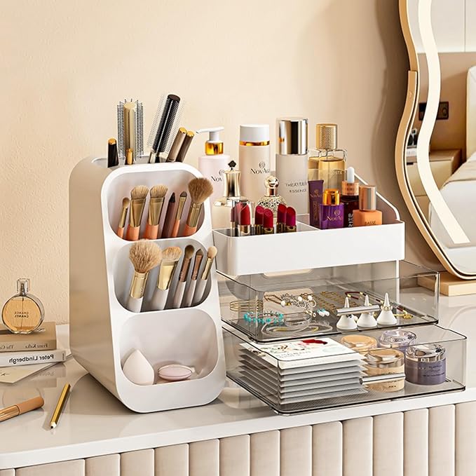 Makeup Organizer with Drawers,Large Capacity Countertop Organizer for Vanity,Bathroom and Bedroom Desk Cosmetics Organizer,Easy To Storage Skincare,Brushes, Eyeshadow, Lotions, Lipstick (White)