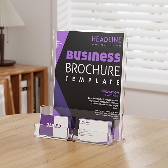 Acrylic Brochure Holder with Business Card Holder, 8.5"x 11", Clear Flyer Stands for Display, Ideal for Trade Show, Menu, Journals, Pamphlet, Magazine, Booklets, Literature (2-Pack Acrylic)