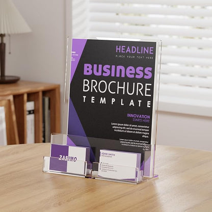 Acrylic Brochure Holder with Business Card Holder, 8.5"x 11", Clear Flyer Stands for Display, Ideal for Trade Show, Menu, Journals, Pamphlet, Magazine, Booklets, Literature (2-Pack Acrylic)