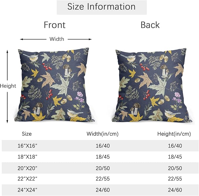 Bird Fall Pillow Covers 16x16 Set of 2 Navy Autumn Leaf Animal Print Pillow Cases Mushroom Acorns Pattern Outdoor Decorative Holiday Cushion Cover Rustic Decoration Farmhouse Home Sofa Couch Bed Decor