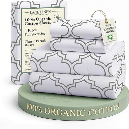 LANE LINEN 100% Organic Cotton Full Sheets Set Fully Elasticized Naturally Temperature Regulating Mercerized Cotton Printed Full Bedding & Pillowcases Set - Trellis