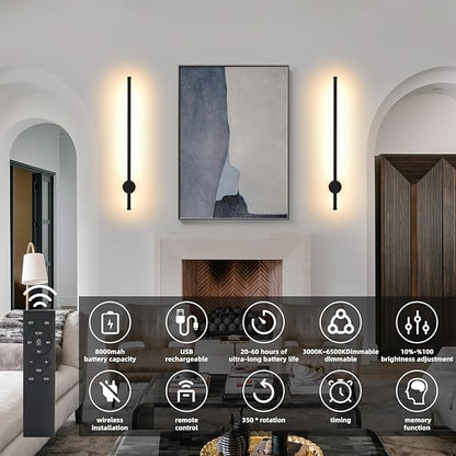 LED Wireless Wall Sconce with Remote Control, Dimmable/350° Rotate/Timing/USB Rechargeable Battery Powered Indoor Wall Lamps, 23.6 inch Black Wall Lights Set of Two for Hallway, Living Room, Bedroom