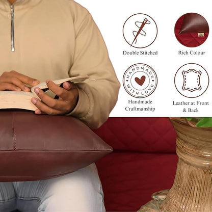 Genuine Lambskin Leather Pillow Cover, 14x14 Inch Case for Lumbar Throw Couch Pillows, Thick & Soft Cushion Covers for Sofa Bed Home Décor (Antique Dark Brown Plain Pack of 2)