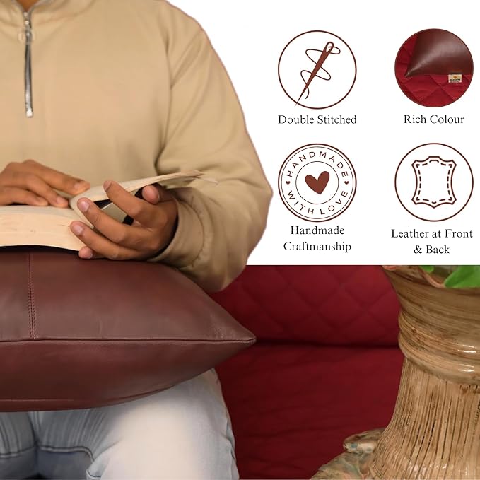 Genuine Lambskin Leather Pillow Cover, 22x22 Inch Case for Lumbar Throw Couch Pillows, Thick & Soft Cushion Covers for Sofa Bed Home Décor (Antique Dark Brown Plain Pack of 1)