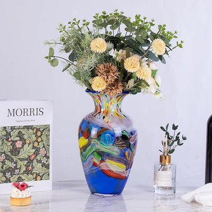 Glass Vases for Flower, Unique Hand Blown Blue Glass Vase, Modern Art Decorative for Home Living Room, Office, Table centerpieces, Bookshelves and Wedding Decorations (JG29)