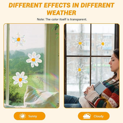 6 PCS Daisy Sun Catcher Sticker Prevent Birds Strikes, Static Cling Rainbow Window Film, Flower Window Clings for Glass Decal Non Adhesive, Reusable Window Stickers