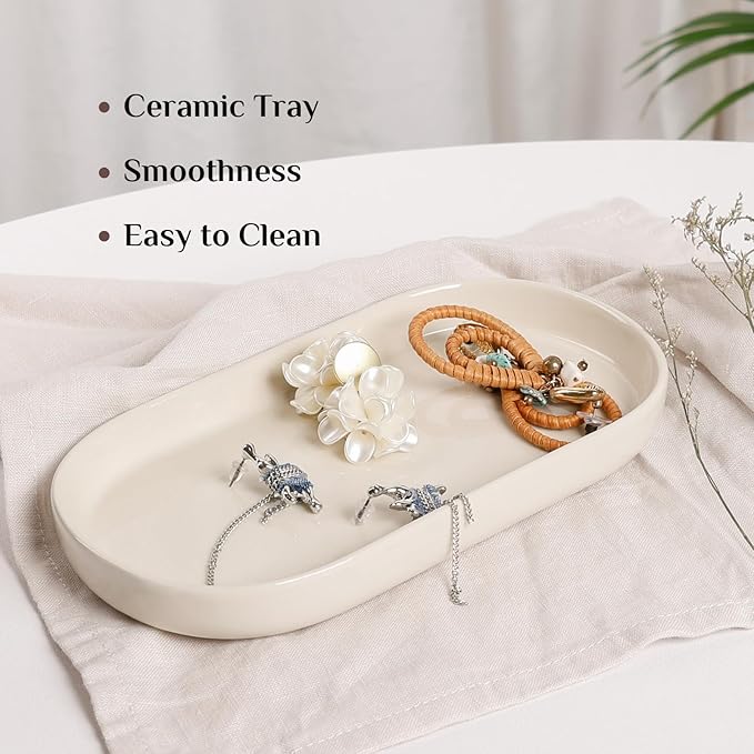 Ceramic Jewelry Tray – Oval Vanity Dish for Rings, Earrings, Bracelets – Minimalist Decorative Trinket Holder for Dresser, Bathroom, Nightstand – Cream White