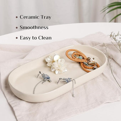 Ceramic Jewelry Tray – Oval Vanity Dish for Rings, Earrings, Bracelets – Minimalist Decorative Trinket Holder for Dresser, Bathroom, Nightstand – Cream White