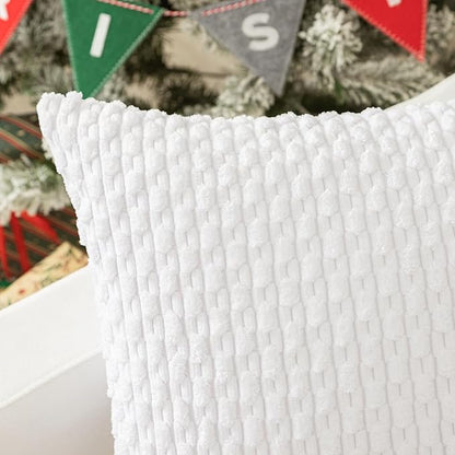 Kevin Textile Set of 2 Decorative Pillow Cover Solid Striped Corduroy Plush Velvet Cushion Cover for Couch Machine Washable Pillowcase 50cm 20 x 20 Inch Pure White