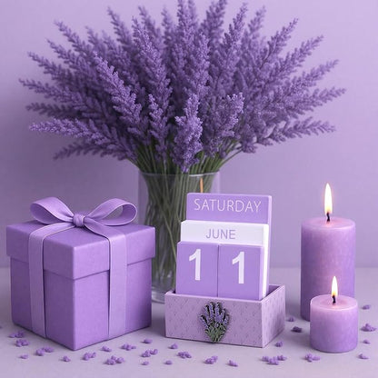 Purple Lavender Wood Block Perpetual Calendar Coquettish Desk Decor Cute Month Week Date Display Decorative Block Calendar for Women Office Home Desk Gift for Women