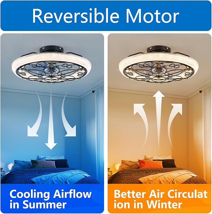 Rustic Black Caged Ceiling Fan with Light, Farmhouse Ceiling Fan Remote Control with Crystal, LED Low Profile Ceiling Light for Bedroom Kitchen Living Room