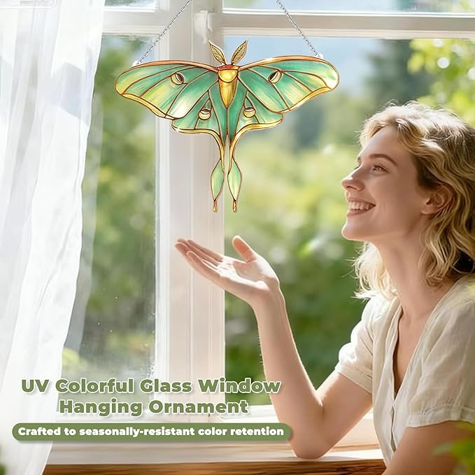 Stained Glass Window Hanging, Luna Moth Suncatcher for Window Decor, Gift for Women Mom Grandma and Art Lover, Ideal Gifts, Elegant Home Decor 5.8x7.3 Inch, Garden, Patio