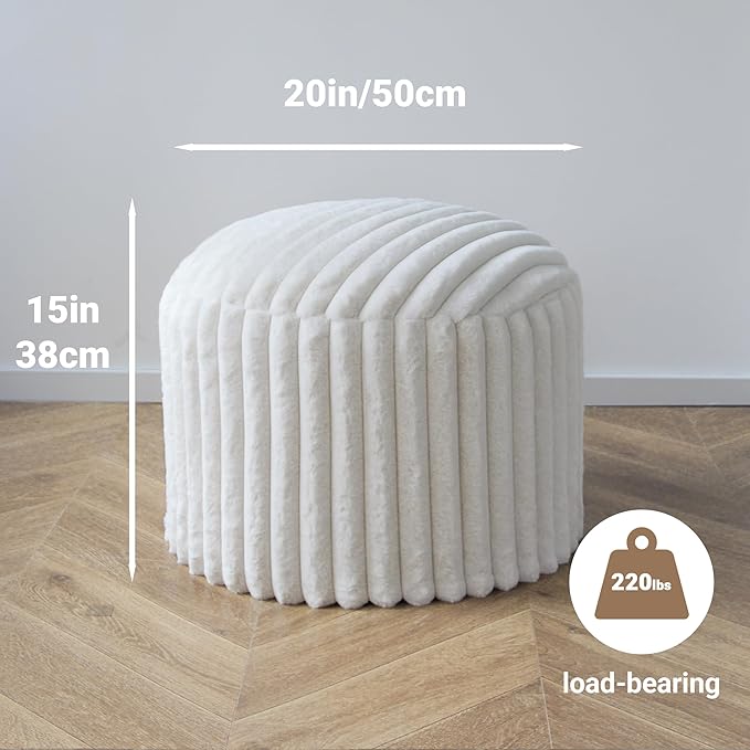 Luxury Round Stuffed Floor Poufs Ottoman, Stripe Faux Fur Footrest with Dual Layer Comfort, Removable Washable Cover, 20"x15" Plush Pouf Shaggy Stool for Living Room Bedroom Vanity, Beige