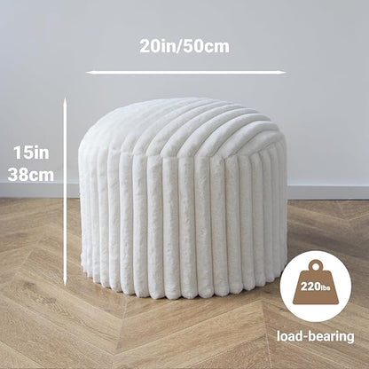 Luxury Round Stuffed Floor Poufs Ottoman, Stripe Faux Fur Footrest with Dual Layer Comfort, Removable Washable Cover, 20"x15" Plush Pouf Shaggy Stool for Living Room Bedroom Vanity, Beige