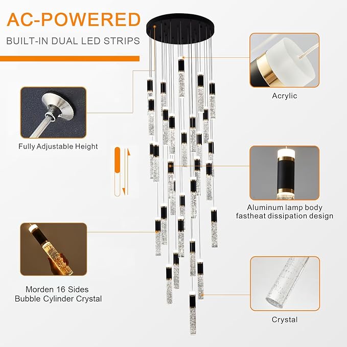 30-Lights Large Chandelier for High Ceiling Long Crystal Modern Foyer Chandelier for Hallway Dimmable Led Pendant Light for Entryway