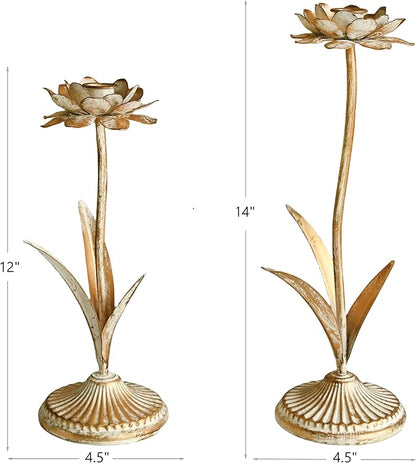 Antique Gold Metal Flower Taper Candle Holder, Rustic Farmhouse Style, Set of 2, Centerpiece Wedding Festive Christmas Mantel Decoration
