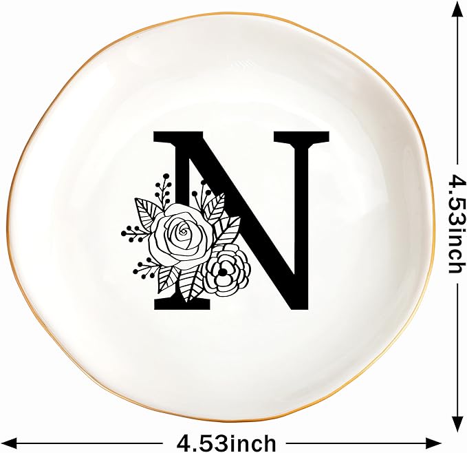 JoycuFF Initial N Ceramic Jewelry Tray, Bridesmaid Bride Gifts, Mothers Day Christmas Anniversary Engagement Birthday Gifts for Women Couples, Trinket Dish for Rings Earrings Necklaces Bracelets Keys