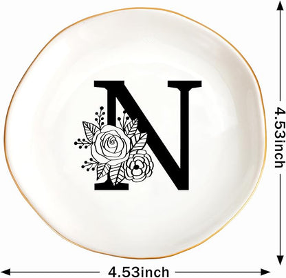 JoycuFF Initial N Ceramic Jewelry Tray, Bridesmaid Bride Gifts, Mothers Day Christmas Anniversary Engagement Birthday Gifts for Women Couples, Trinket Dish for Rings Earrings Necklaces Bracelets Keys