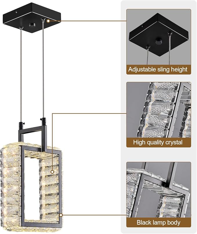 Kitchen Island Mini Light Fixture Modern Led Crystal Pendant Light Black Rectangle Chandelier for Dining Room Living Room Kitchen Bedroom Bar（1-Pack）