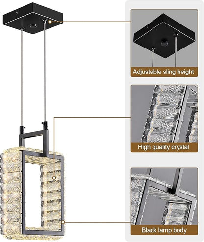 Kitchen Island Mini Light Fixture Modern Led Crystal Pendant Light Black Rectangle Chandelier for Dining Room Living Room Kitchen Bedroom Bar（1-Pack）