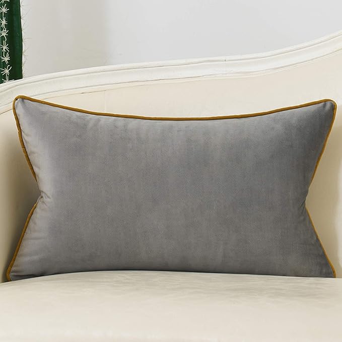 Avigers 12 x 20 Inch Grey Gold Striped Geometric Lines Embroidery Velvet Cushion Case Luxury Modern Lumbar Throw Pillow Cover Decorative Pillow for Couch Living Room Bedroom Car 30 x 50cm