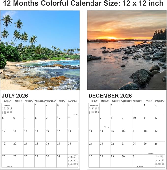2026 Calendar for Wall, Calendar 2026 from January 2026 - December 2026, 12" x 24" Opened 12 Months Calendar, Full Page Months Thick & Sturdy Paper for Gift Perfect, Beaches