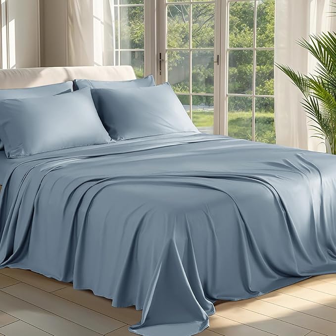 Shilucheng 100% Viscose Derived from Bamboo Queen Size 6pcs Ultra Cooling & Silky Soft Bed Sheets, 16" Deep Pocket, Perfect for Hot Sleepers, Hotel Bedding Sheets (French Blue)